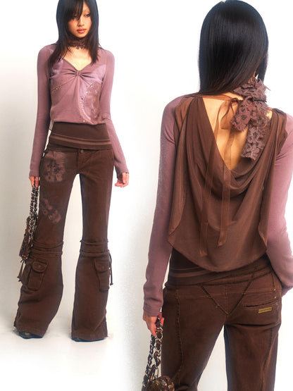 Update OPEN AESTHETIC Stretch Knit Mesh Hooded Top With Floral Print And Rhinestones