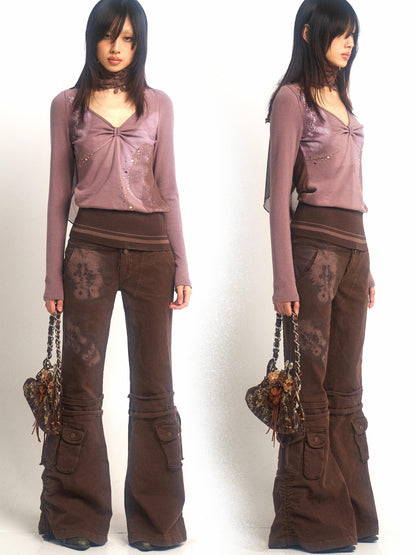 Update OPEN AESTHETIC Stretch Knit Mesh Hooded Top With Floral Print And Rhinestones