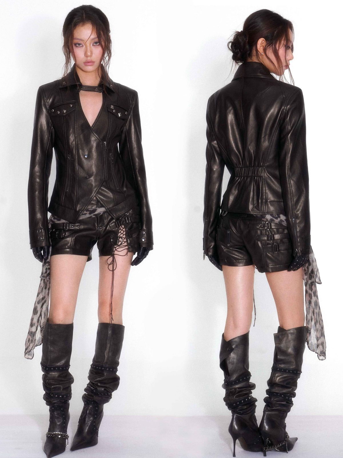 OPEN_AESTHETIC_Studded_Deep_V-neck_Cinched_Waist_Slim_Fit_Faux_Leather_Women&
