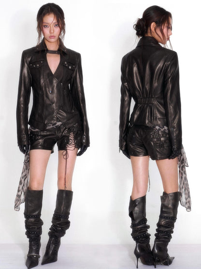 OPEN AESTHETIC Studded Deep V-neck Cinched Waist Slim Fit Faux Leather Women&