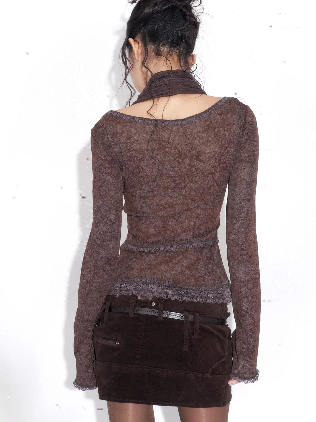 OPEN AESTHETIC Studded Leather Panel Low Rise Bodycon Front Zip Vintage Brown Women Mini Skirt