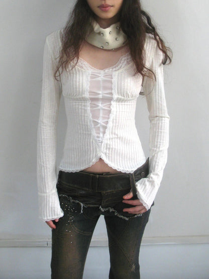 OPEN AESTHETIC Sweet Lace Spliced Cropped Slim Women Long Sleeve Crew Neck White Cotton T-Shirt