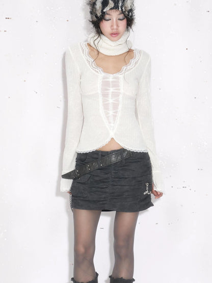 OPEN AESTHETIC Sweet Lace Spliced Cropped Slim Women Long Sleeve Crew Neck White Cotton T-Shirt