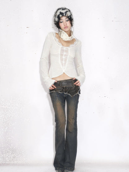 OPEN AESTHETIC Sweet Lace Spliced Cropped Slim Women Long Sleeve Crew Neck White Cotton T-Shirt