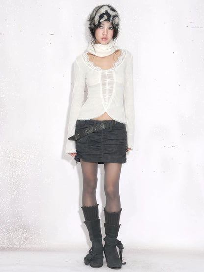 OPEN AESTHETIC Sweet Lace Spliced Cropped Slim Women Long Sleeve Crew Neck White Cotton T-Shirt