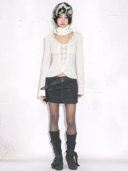 OPEN AESTHETIC Sweet Lace Spliced Cropped Slim Women Long Sleeve Crew Neck White Cotton T-Shirt