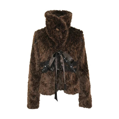 OPEN_AESTHETIC_Thick_Faux_Fur_Stand_Collar_Short_Tie_Waist_Vintage_Women_Dark_Brown_Jacket_MISSTT