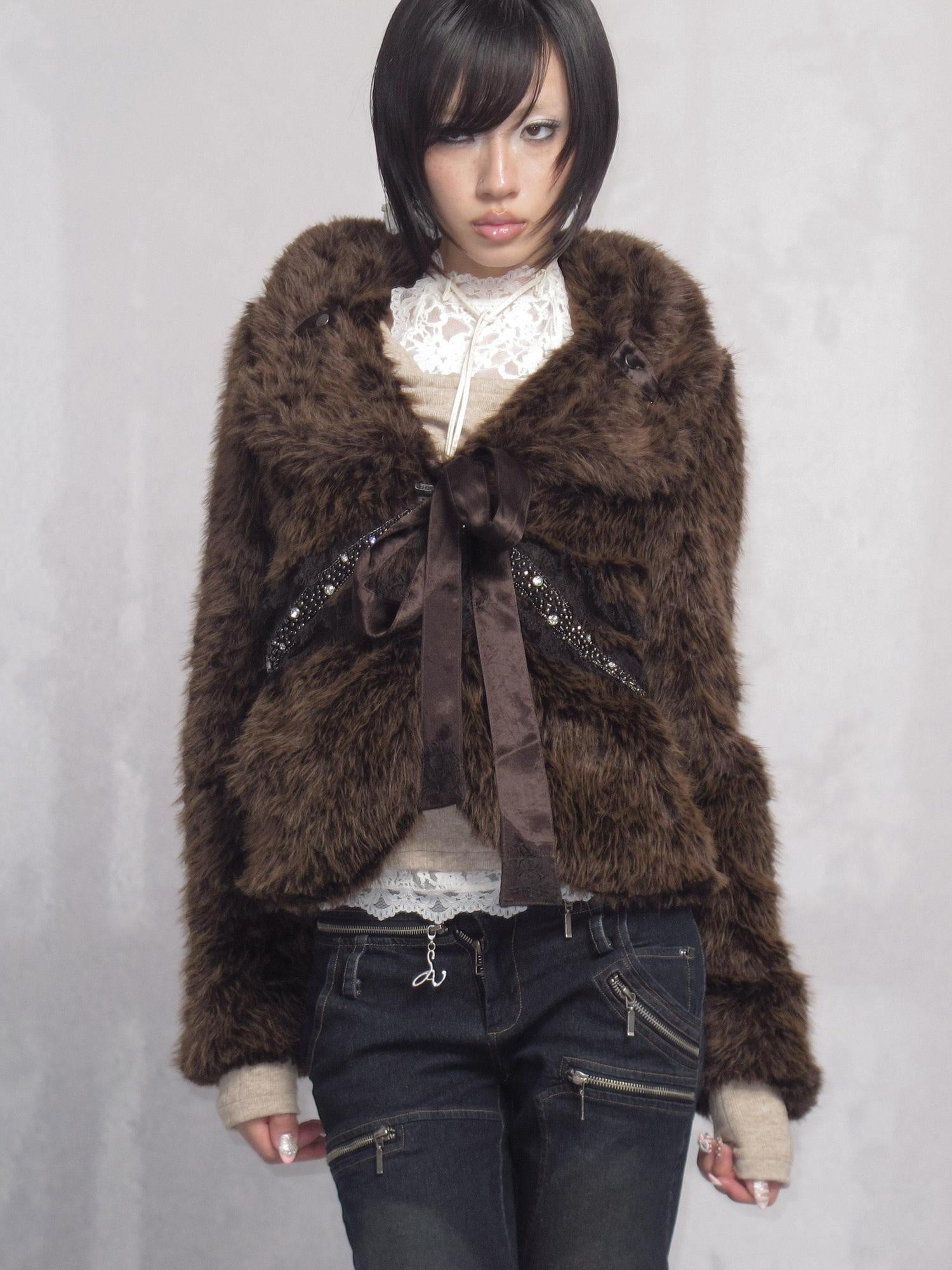 OPEN AESTHETIC Thick Faux Fur Stand Collar Short Tie Waist Vintage Women Dark Brown Jacket