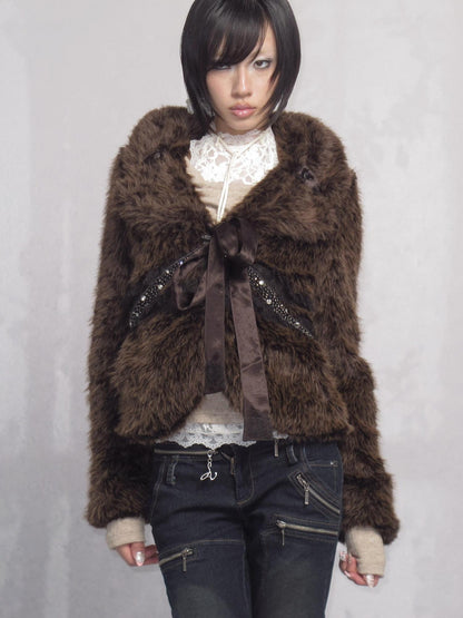 OPEN AESTHETIC Thick Faux Fur Stand Collar Short Tie Waist Vintage Women Dark Brown Jacket