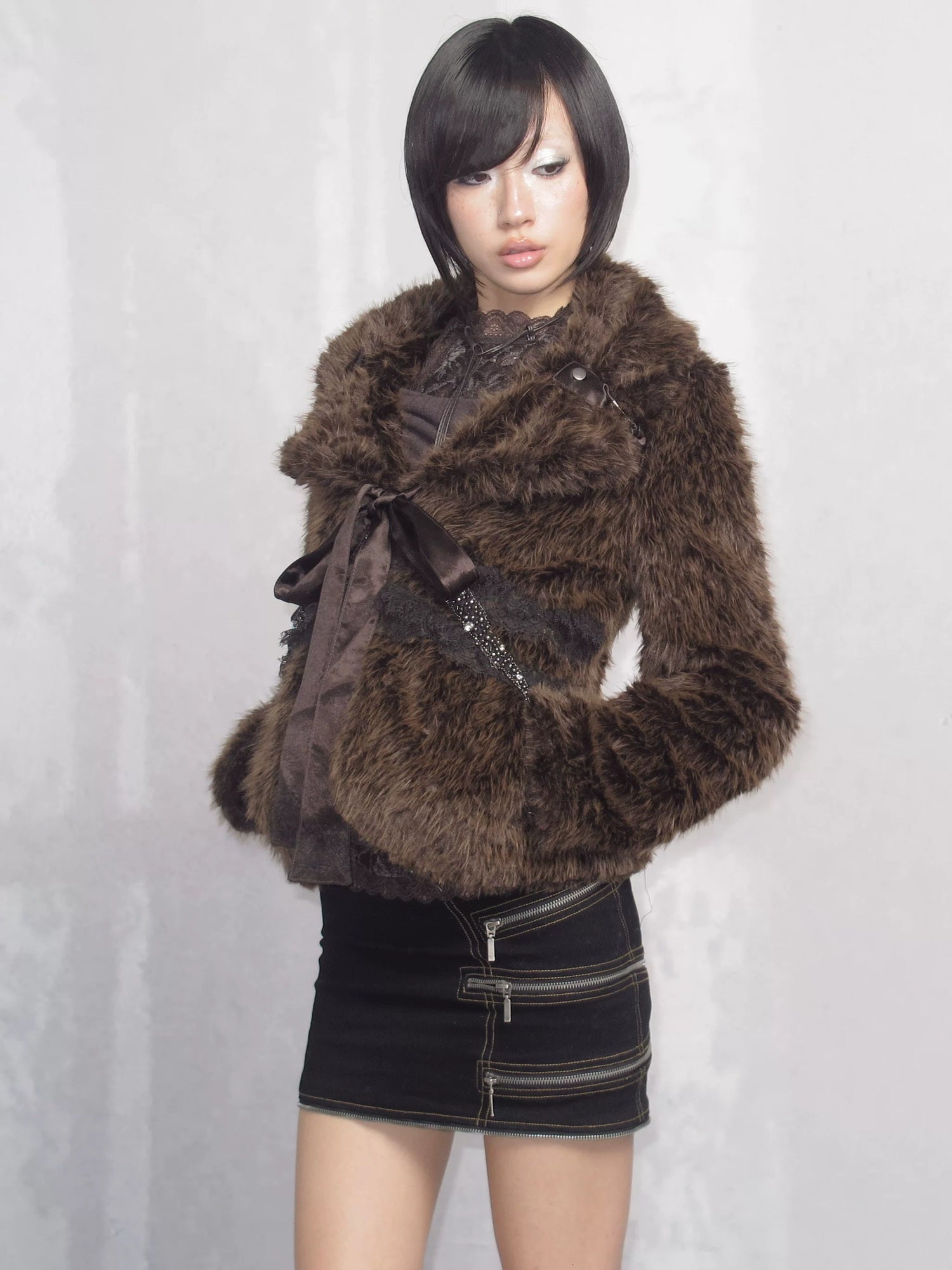 OPEN AESTHETIC Thick Faux Fur Stand Collar Short Tie Waist Vintage Women Dark Brown Jacket