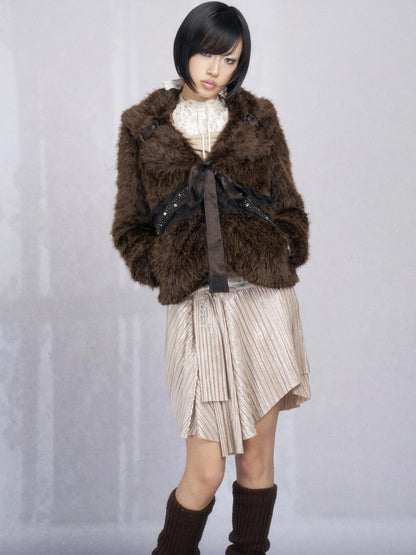 OPEN AESTHETIC Thick Faux Fur Stand Collar Short Tie Waist Vintage Women Dark Brown Jacket