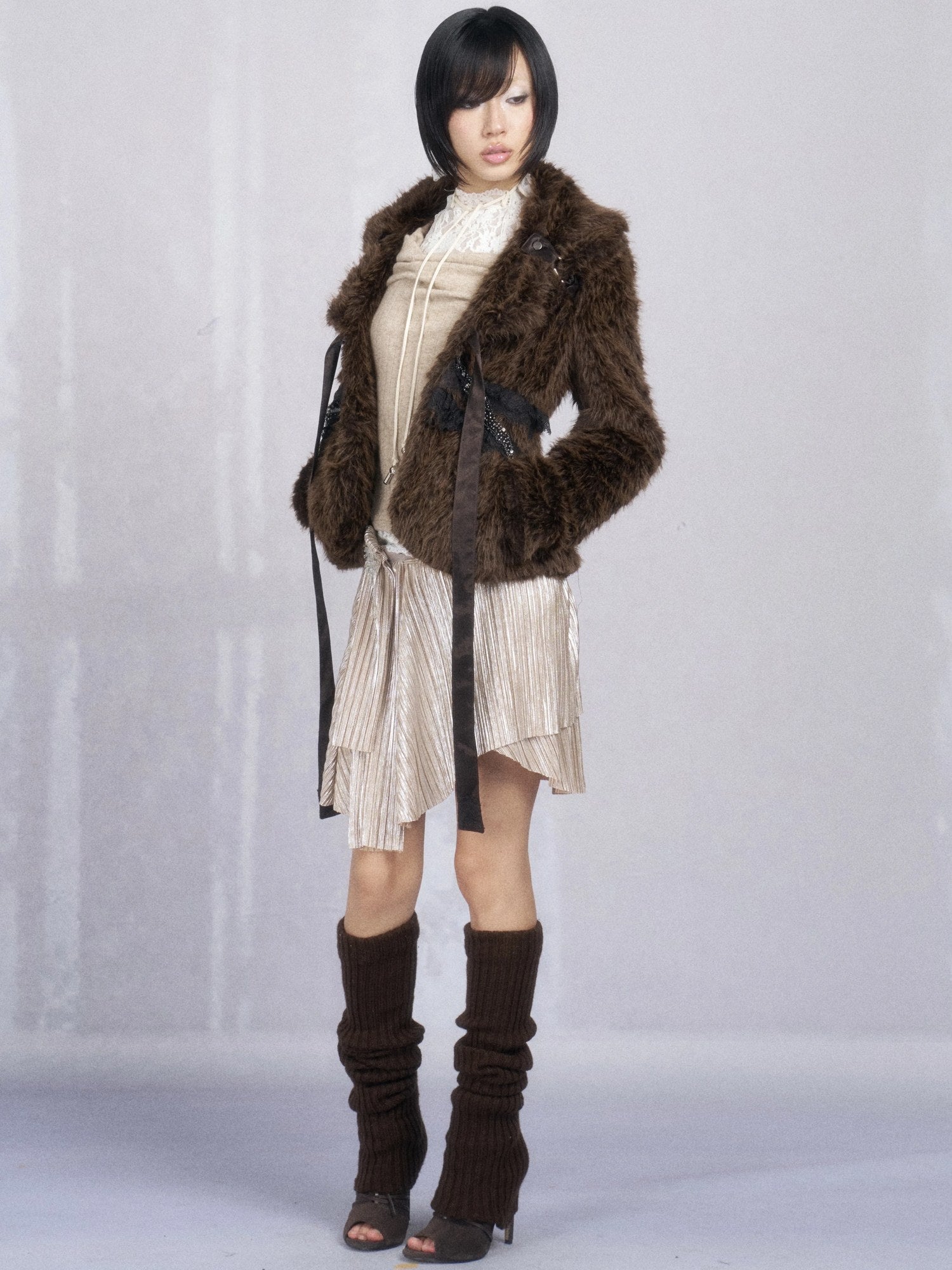 OPEN AESTHETIC Thick Faux Fur Stand Collar Short Tie Waist Vintage Women Dark Brown Jacket