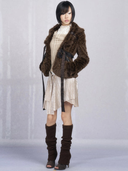 OPEN AESTHETIC Thick Faux Fur Stand Collar Short Tie Waist Vintage Women Dark Brown Jacket