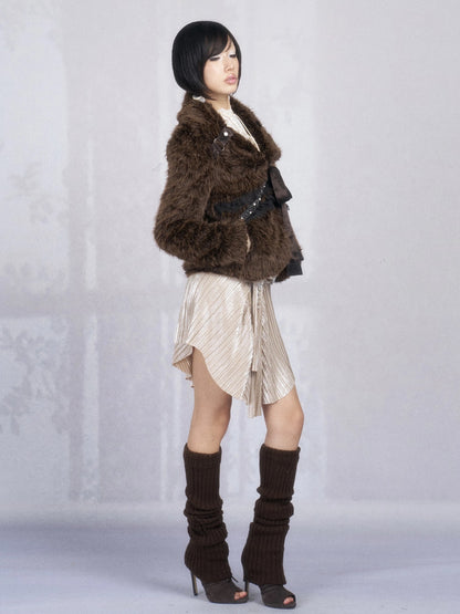 OPEN AESTHETIC Thick Faux Fur Stand Collar Short Tie Waist Vintage Women Dark Brown Jacket