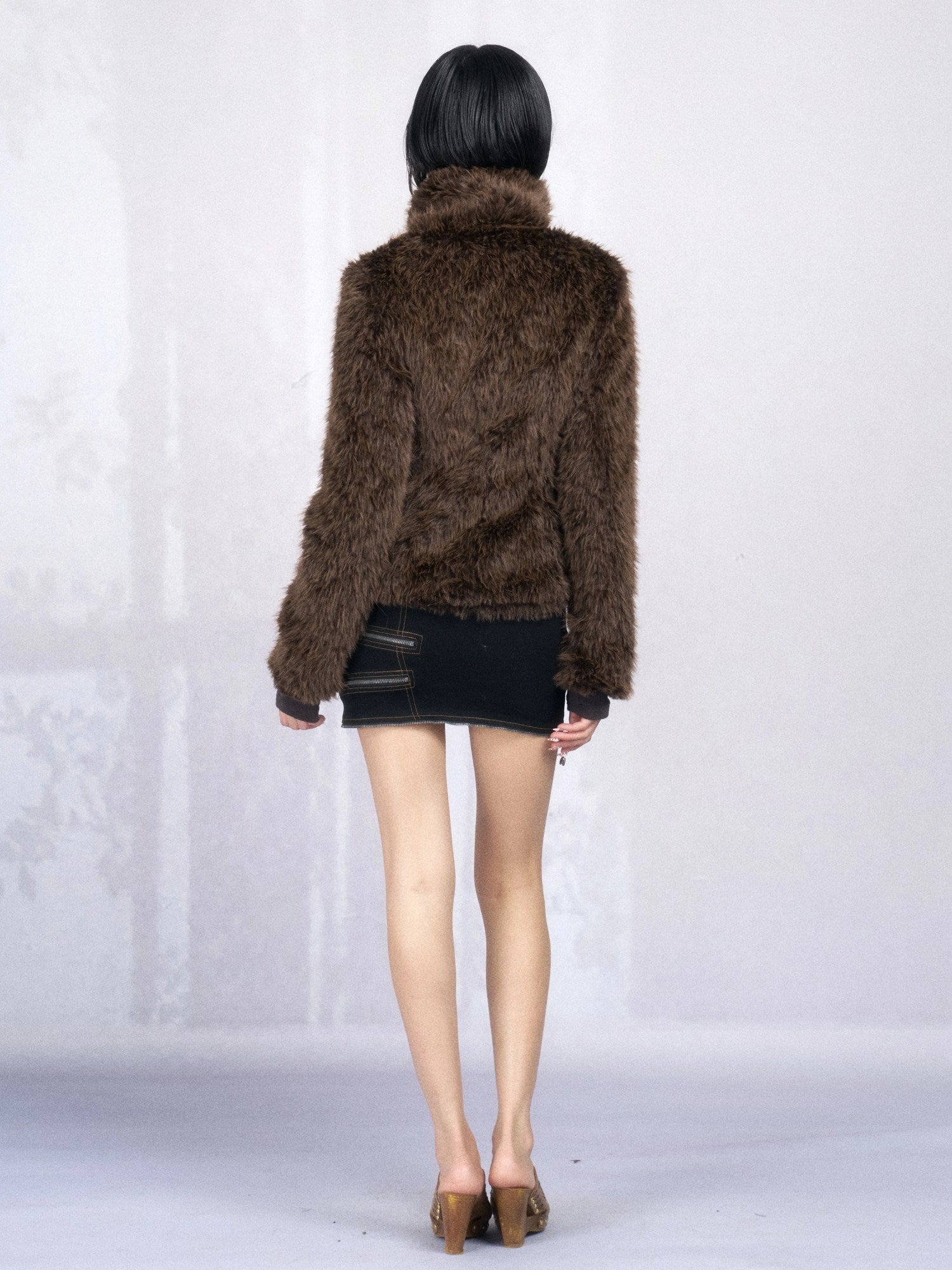 OPEN AESTHETIC Thick Faux Fur Stand Collar Short Tie Waist Vintage Women Dark Brown Jacket