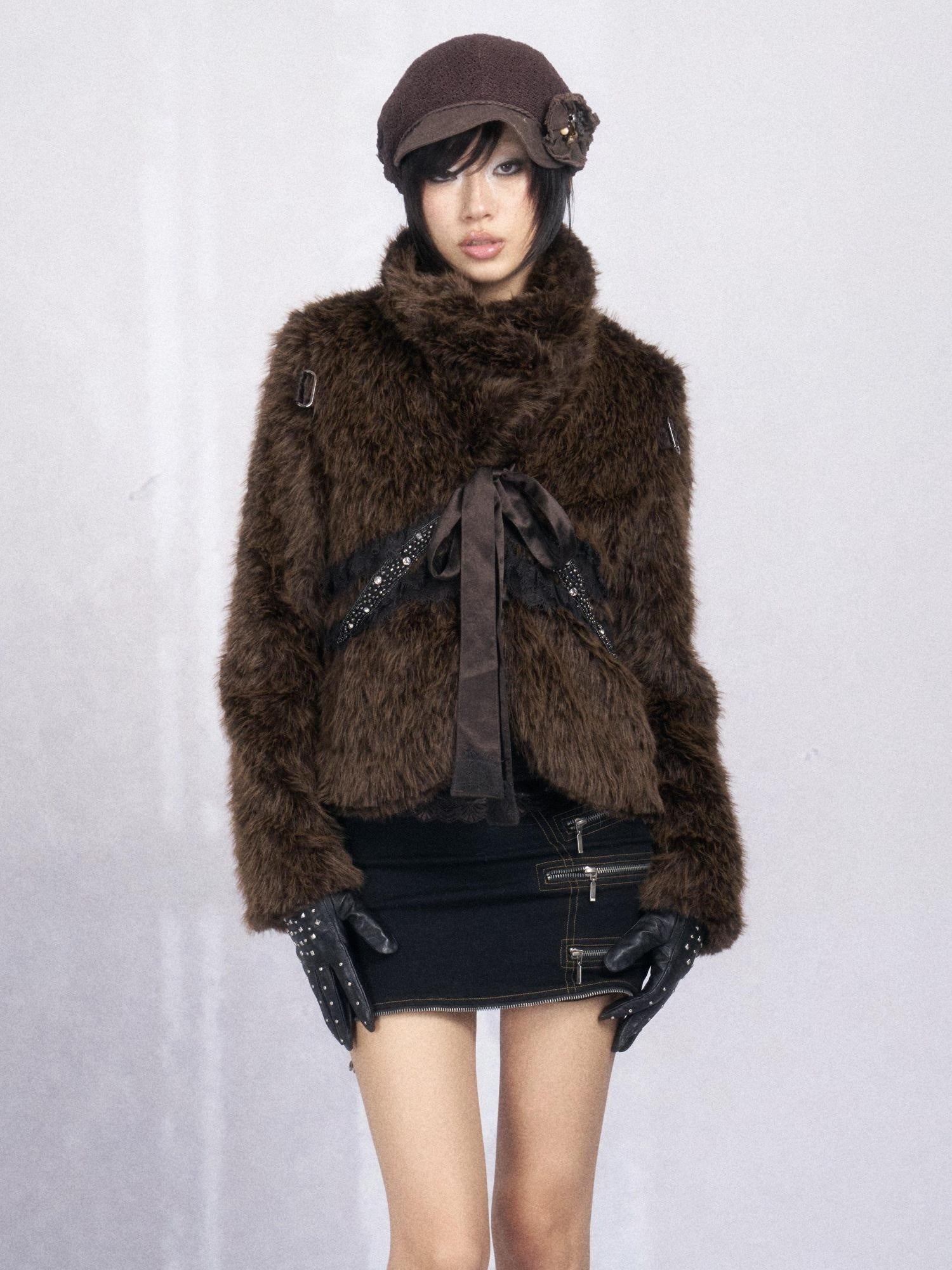 OPEN AESTHETIC Thick Faux Fur Stand Collar Short Tie Waist Vintage Women Dark Brown Jacket