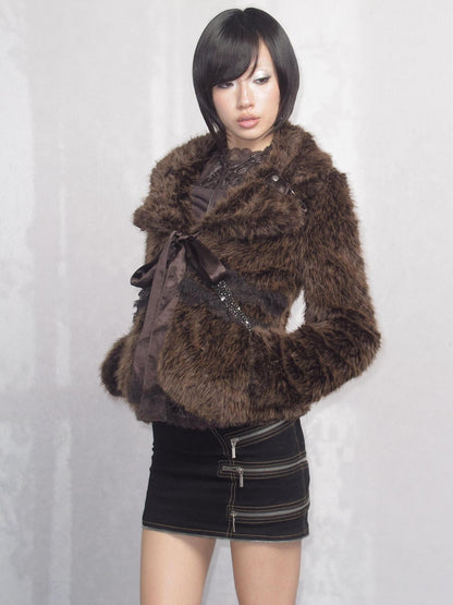 OPEN AESTHETIC Thick Faux Fur Stand Collar Short Tie Waist Vintage Women Dark Brown Jacket