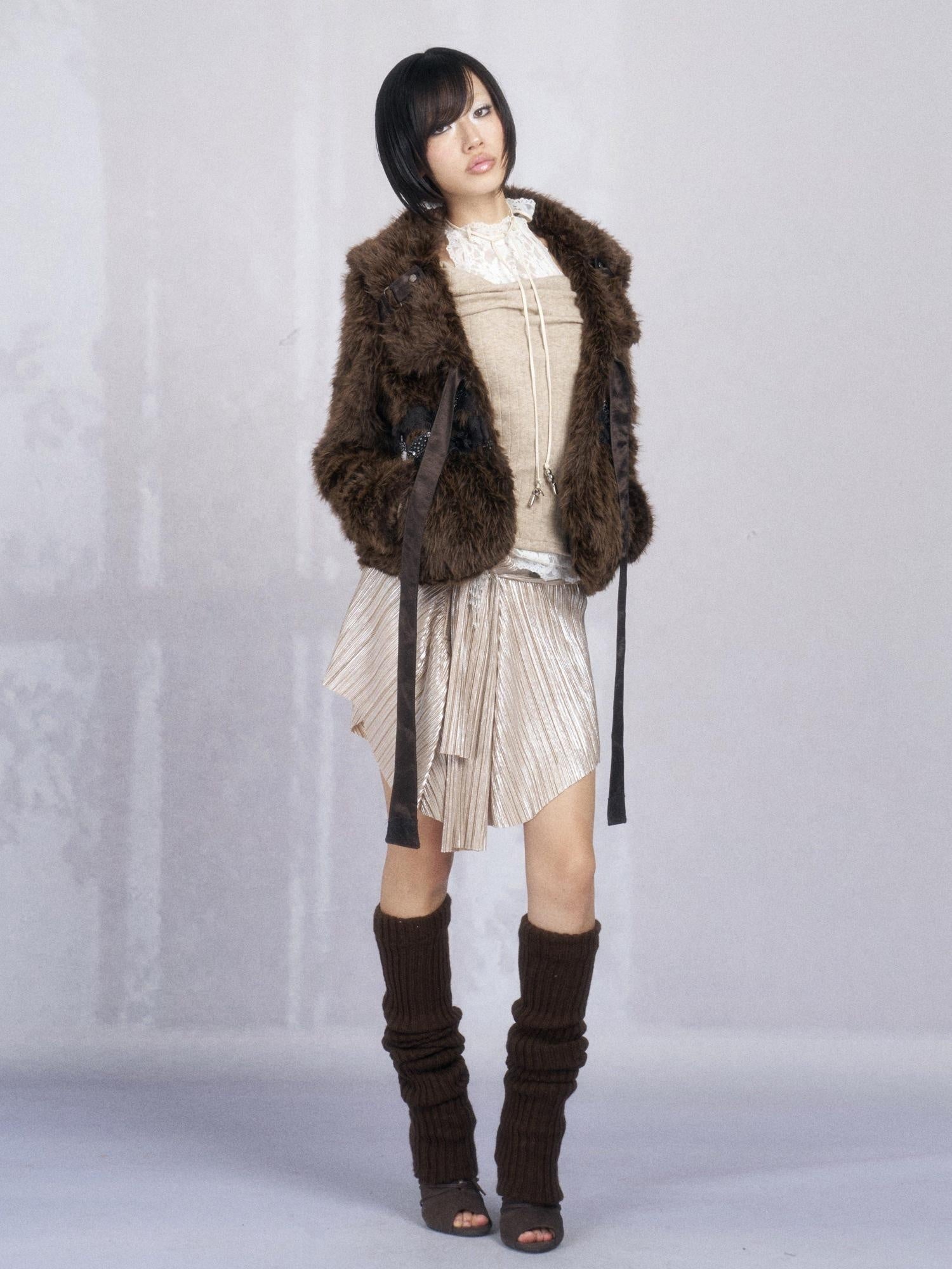 OPEN AESTHETIC Thick Faux Fur Stand Collar Short Tie Waist Vintage Women Dark Brown Jacket