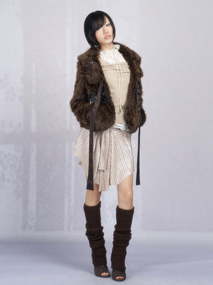 OPEN AESTHETIC Thick Faux Fur Stand Collar Short Tie Waist Vintage Women Dark Brown Jacket