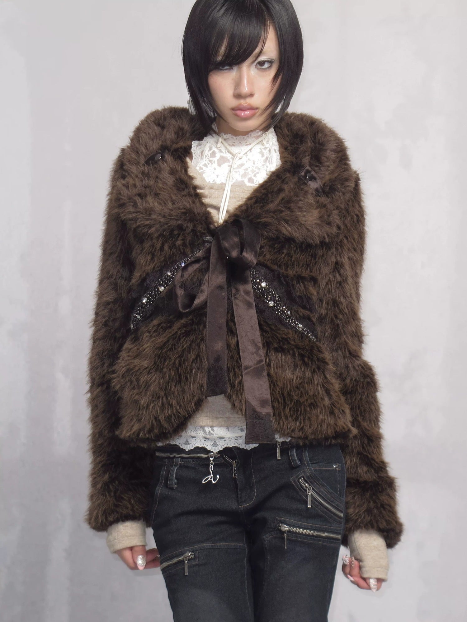 OPEN AESTHETIC Thick Faux Fur Stand Collar Short Tie Waist Vintage Women Dark Brown Jacket