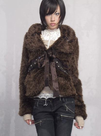 OPEN AESTHETIC Thick Faux Fur Stand Collar Short Tie Waist Vintage Women Dark Brown Jacket
