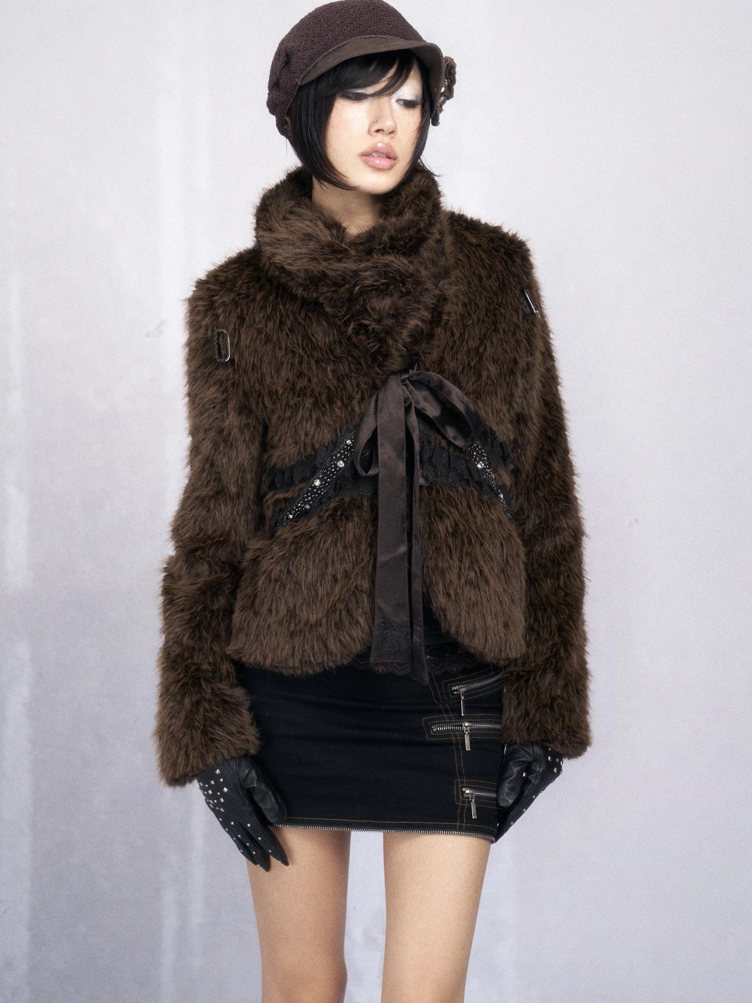 OPEN AESTHETIC Thick Faux Fur Stand Collar Short Tie Waist Vintage Women Dark Brown Jacket