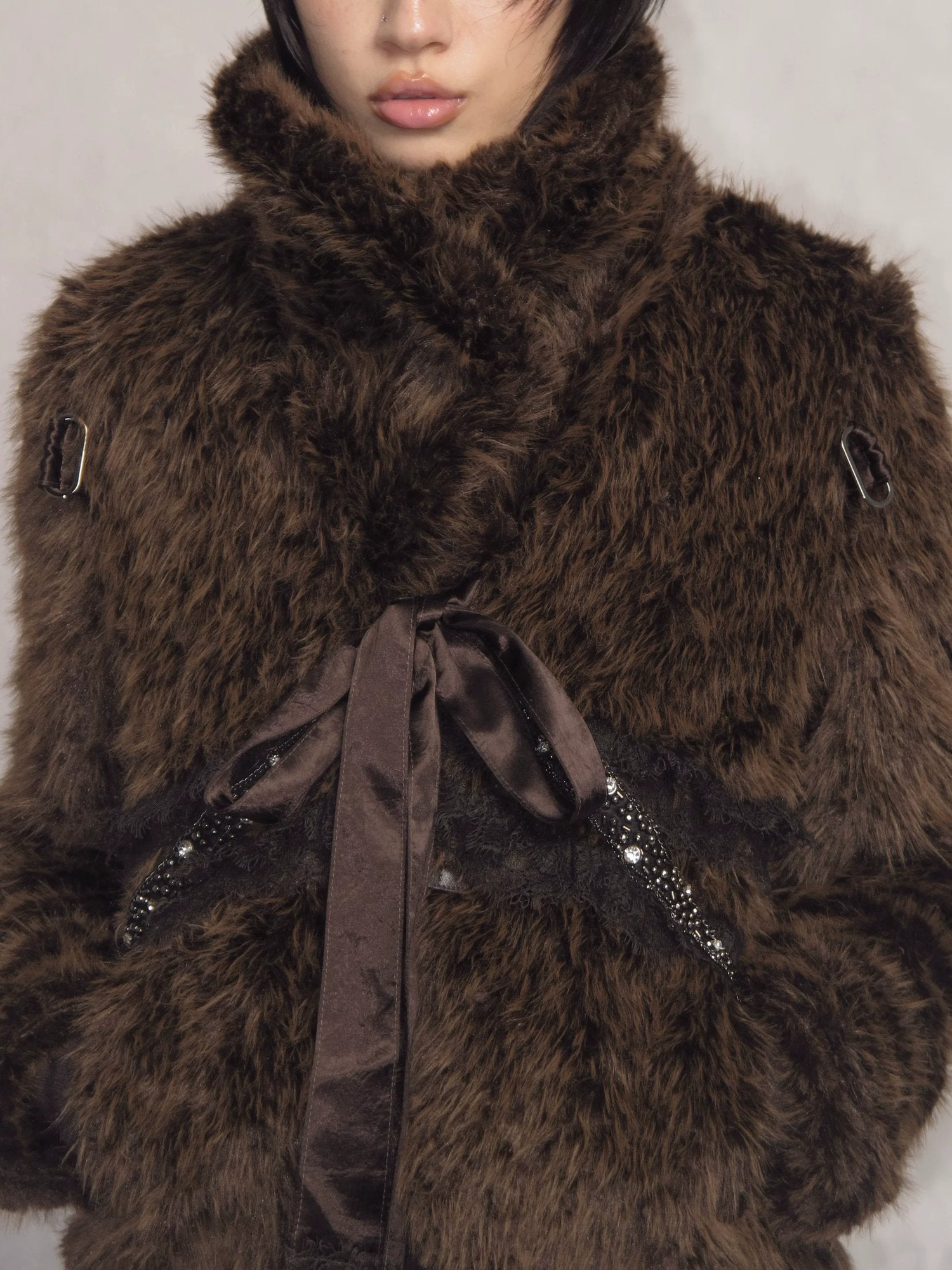 OPEN AESTHETIC Thick Faux Fur Stand Collar Short Tie Waist Vintage Women Dark Brown Jacket