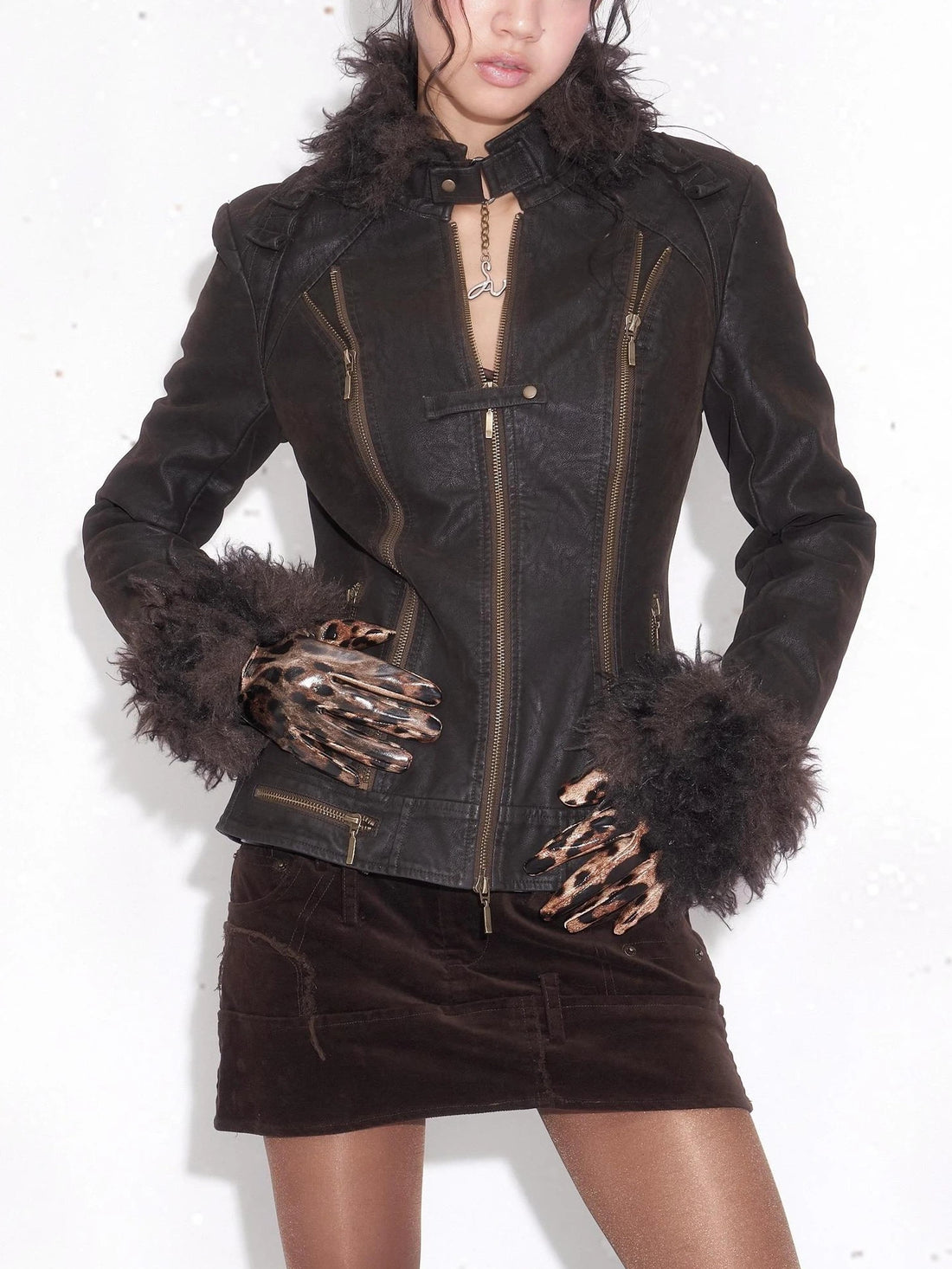 OPEN AESTHETIC Thickened Faux Leather Cropped Slim Fit Stand Collar Zipper Women Brown Jacket
