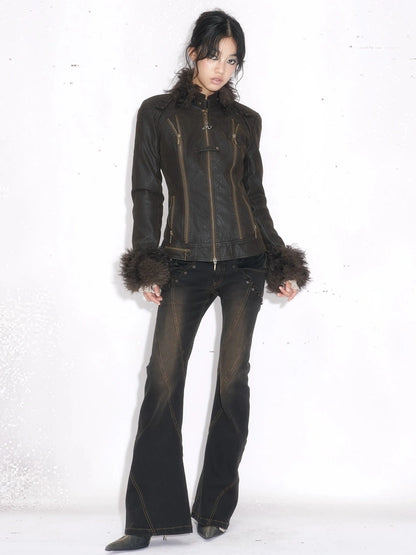 OPEN AESTHETIC Thickened Faux Leather Cropped Slim Fit Stand Collar Zipper Women Brown Jacket