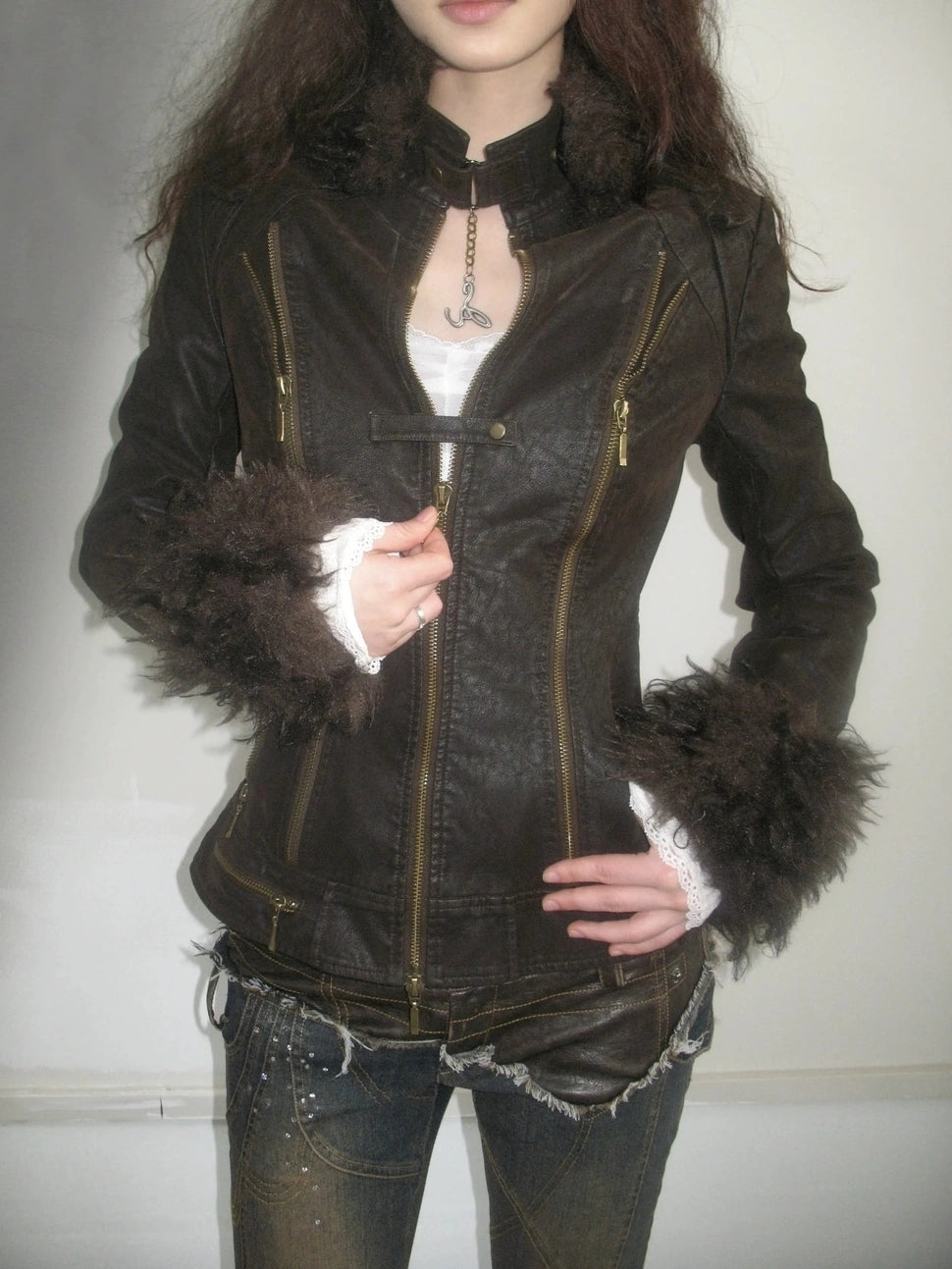 OPEN AESTHETIC Thickened Faux Leather Cropped Slim Fit Stand Collar Zipper Women Brown Jacket