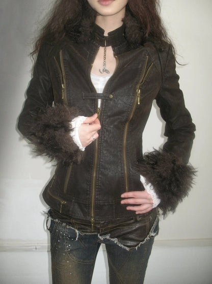 OPEN AESTHETIC Thickened Faux Leather Cropped Slim Fit Stand Collar Zipper Women Brown Jacket