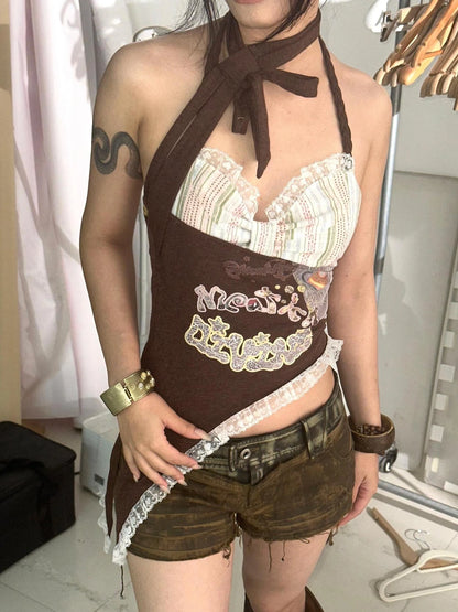 OPEN AESTHETIC Trendy Halter Neck Letter Graphic Streetwear Women Original Design Tank Top