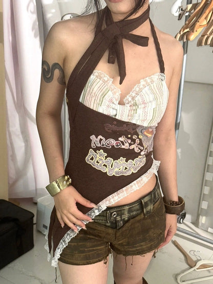 OPEN AESTHETIC Trendy Halter Neck Letter Graphic Streetwear Women Original Design Tank Top