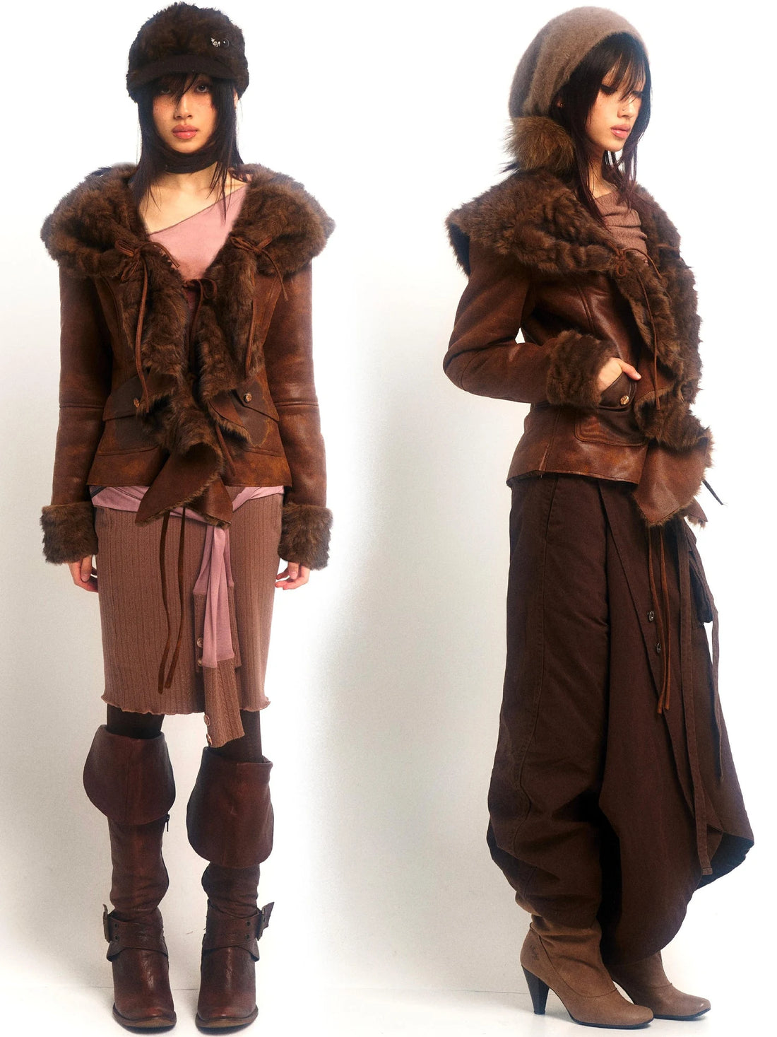 Vintage Faux Fur Coat With Floral Print And Ruffle Collar