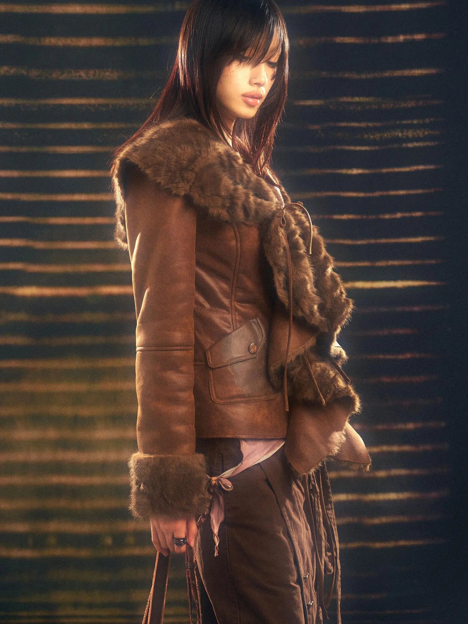 Vintage Faux Fur Coat With Floral Print And Ruffle Collar