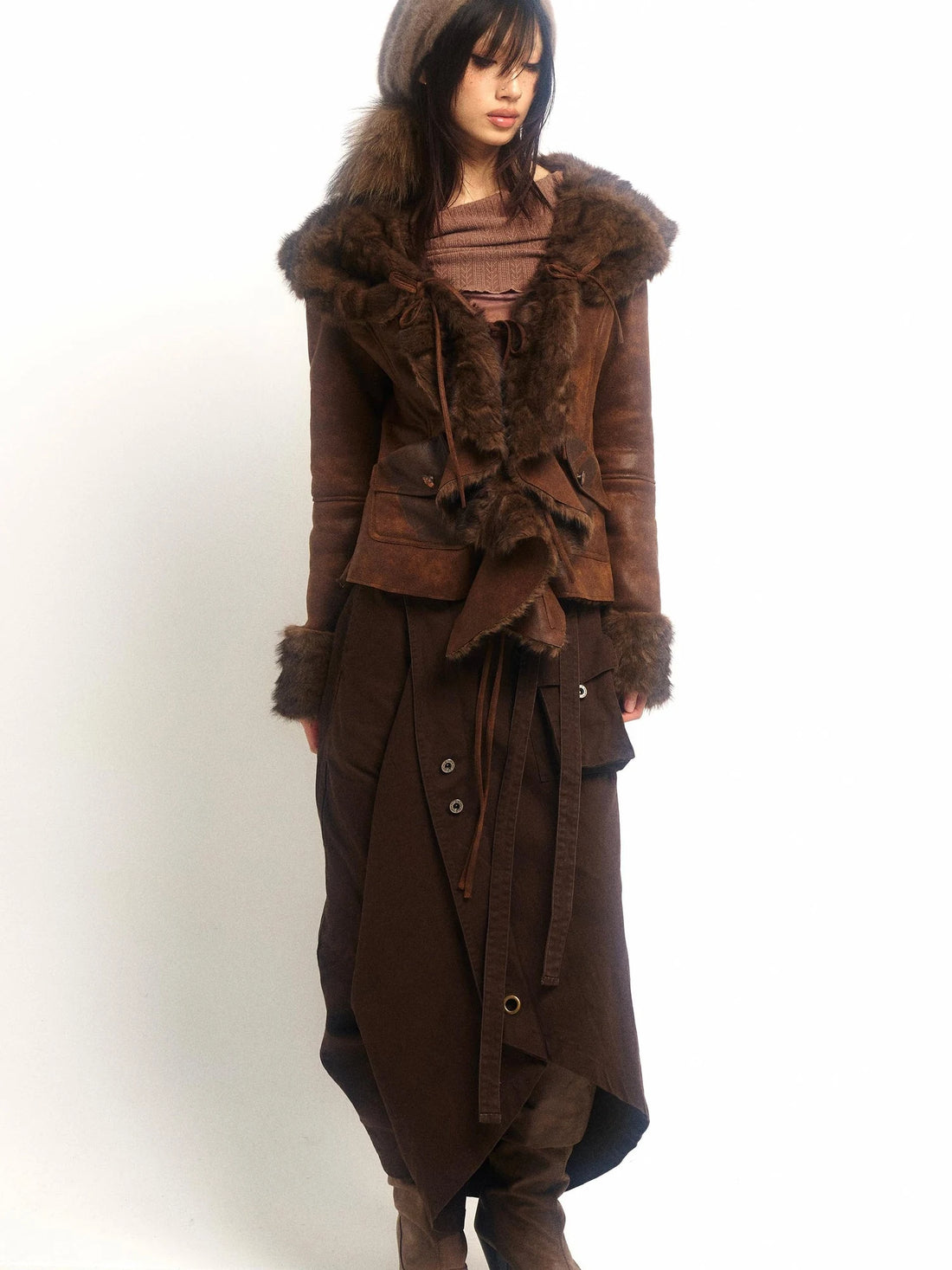 Vintage Faux Fur Coat With Floral Print And Ruffle Collar