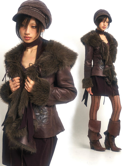 Vintage Faux Fur Coat With Floral Print And Ruffle Collar