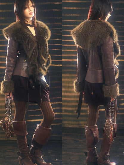 Vintage Faux Fur Coat With Floral Print And Ruffle Collar
