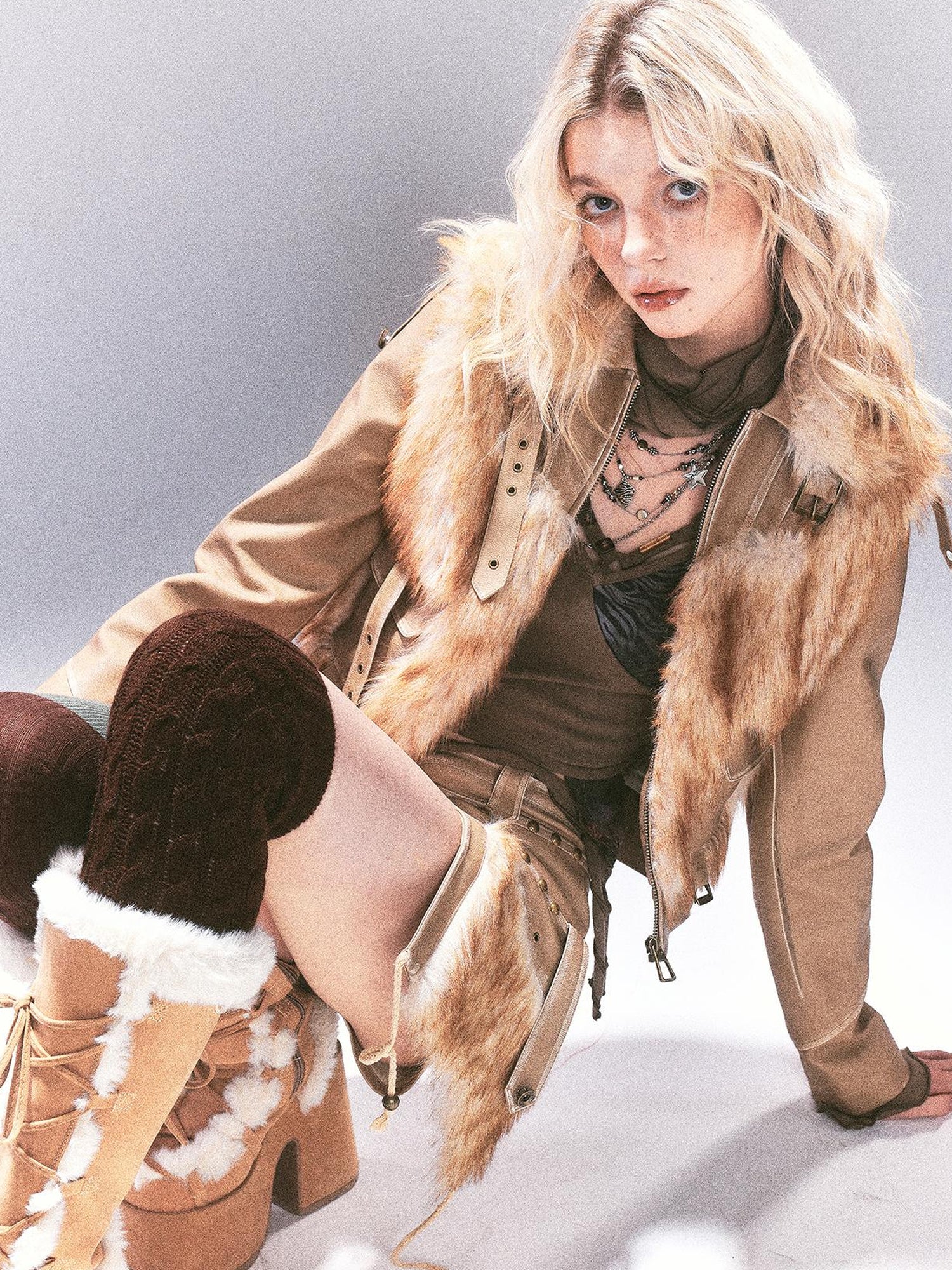 Update OPEN AESTHETIC Vintage Faux Leather Faux Fur Trimmed Rivet Set