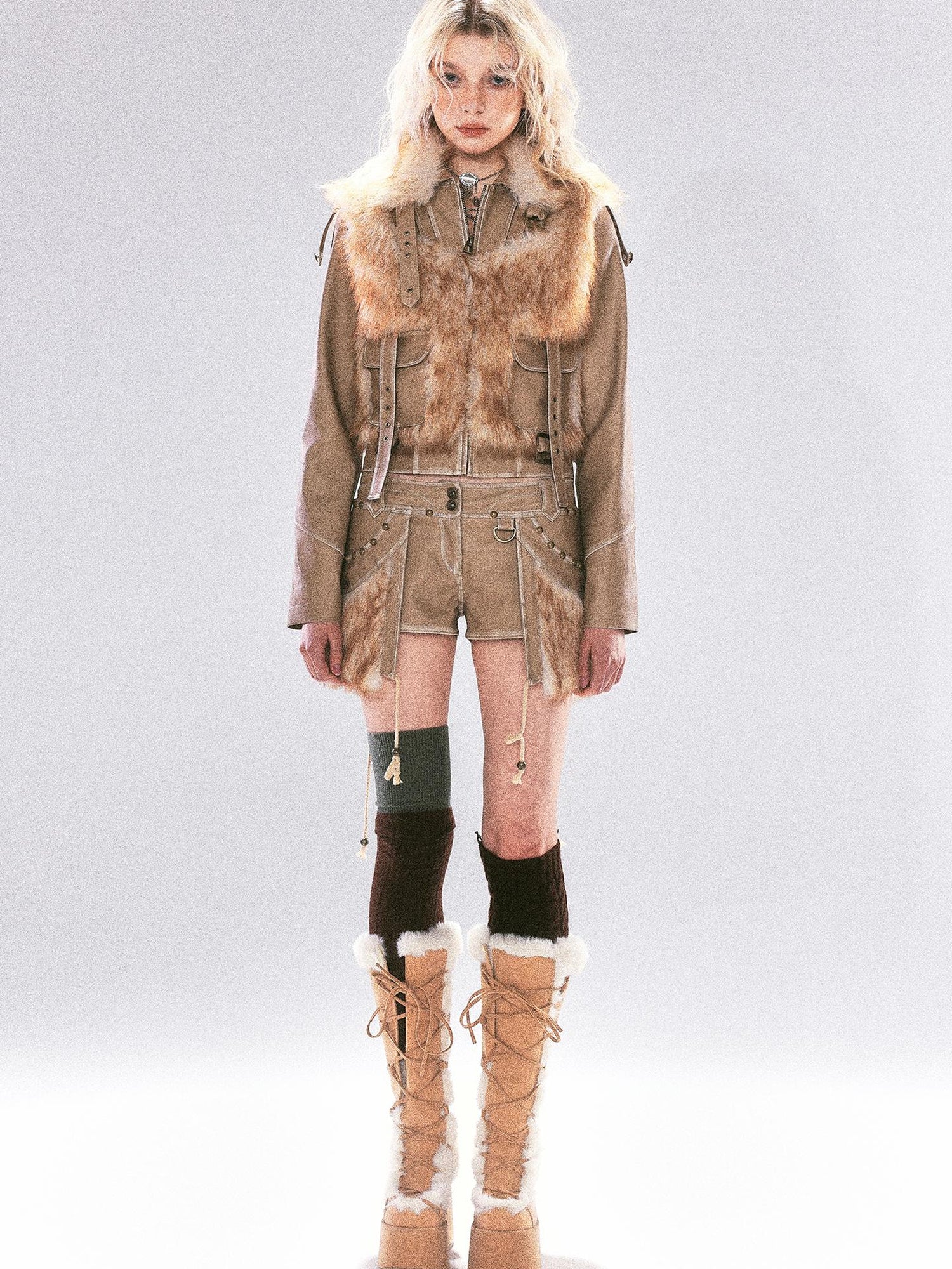 Update OPEN AESTHETIC Vintage Faux Leather Faux Fur Trimmed Rivet Set