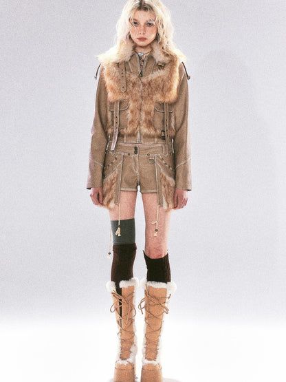 Update OPEN AESTHETIC Vintage Faux Leather Faux Fur Trimmed Rivet Set