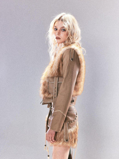 Update OPEN AESTHETIC Vintage Faux Leather Faux Fur Trimmed Rivet Set