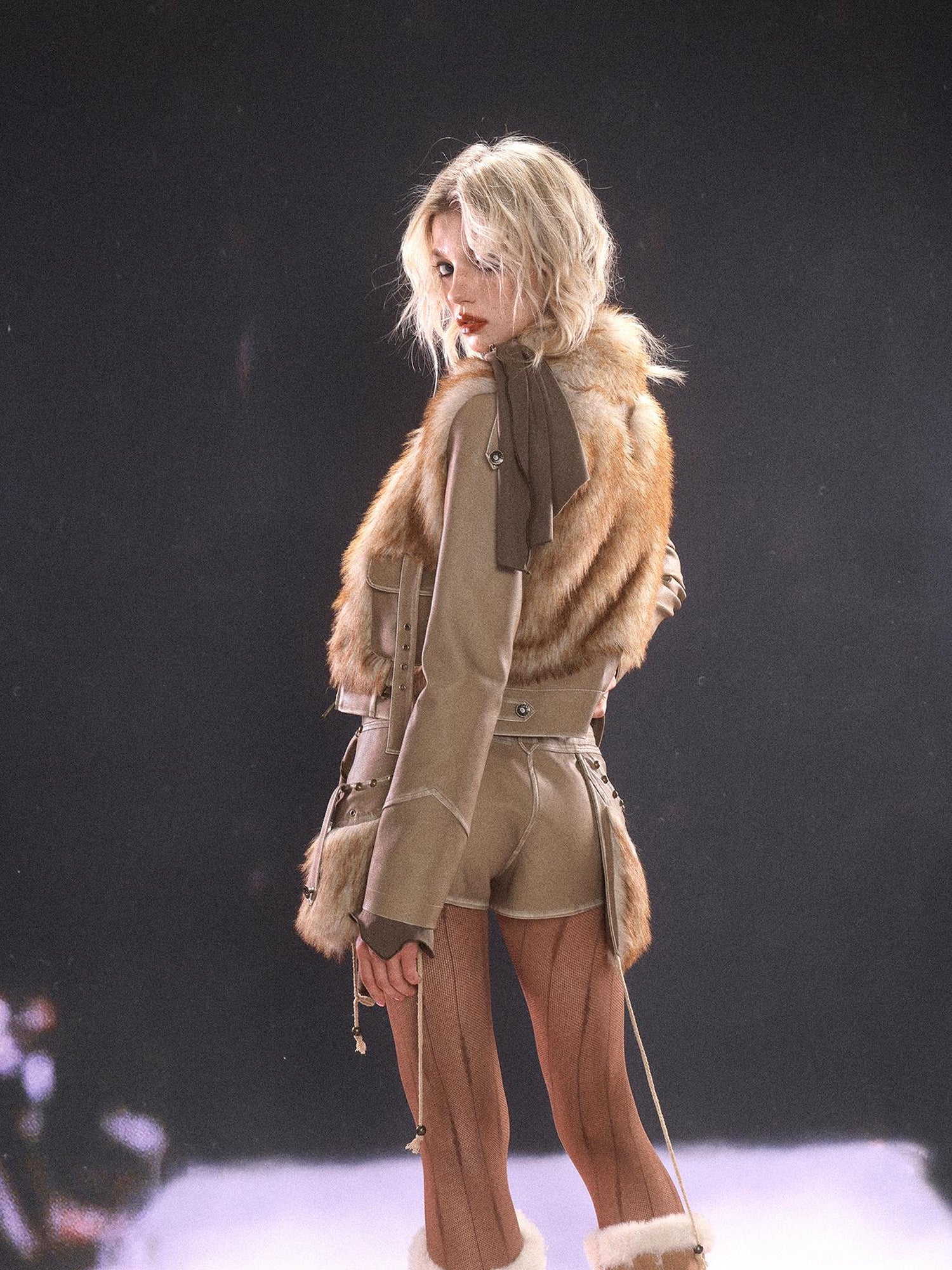 Update OPEN AESTHETIC Vintage Faux Leather Faux Fur Trimmed Rivet Set