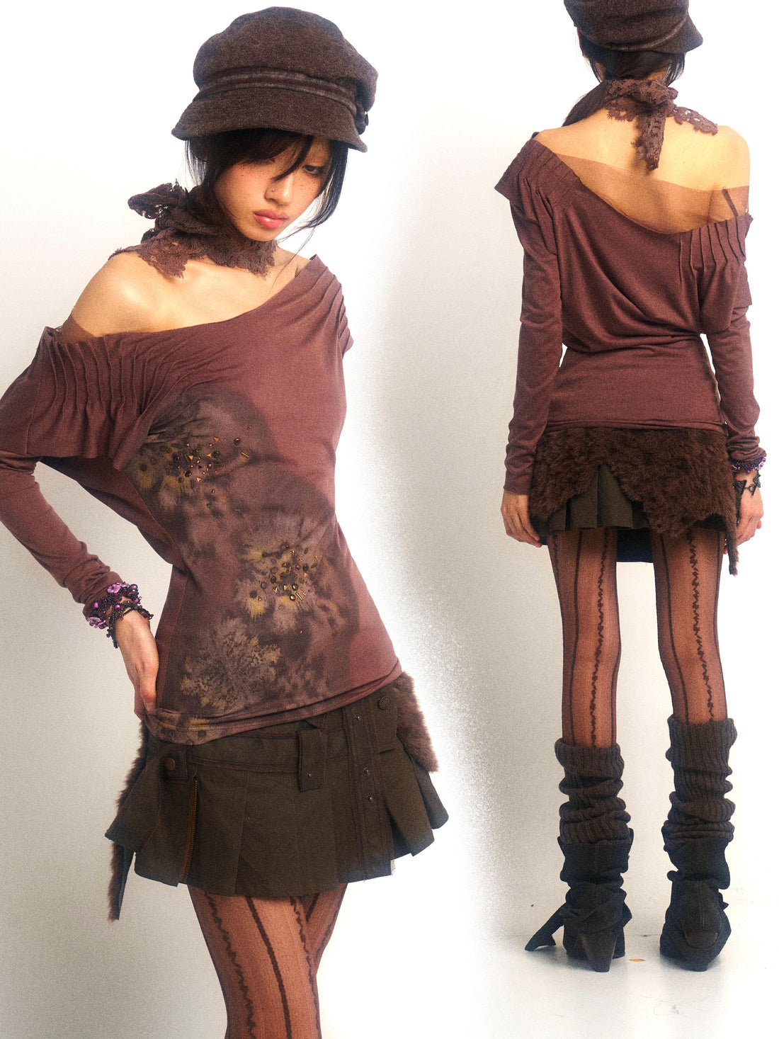 Update OPEN AESTHETIC Vintage Metal Diamond Print Draped Neck V-neck T-shirt Long-Sleeve Top
