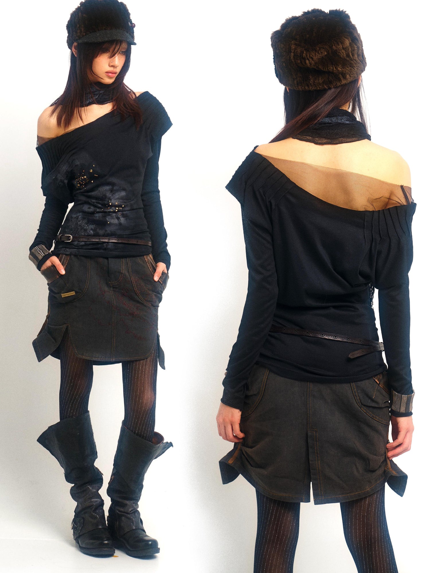Update OPEN AESTHETIC Vintage Metal Diamond Print Draped Neck V-neck T-shirt Long-Sleeve Top