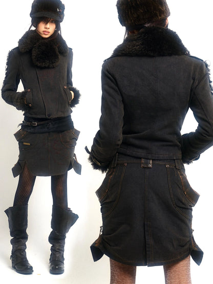 Vintage Washed Embroidered Jacket Skirt Set with Detachable Fur Collar