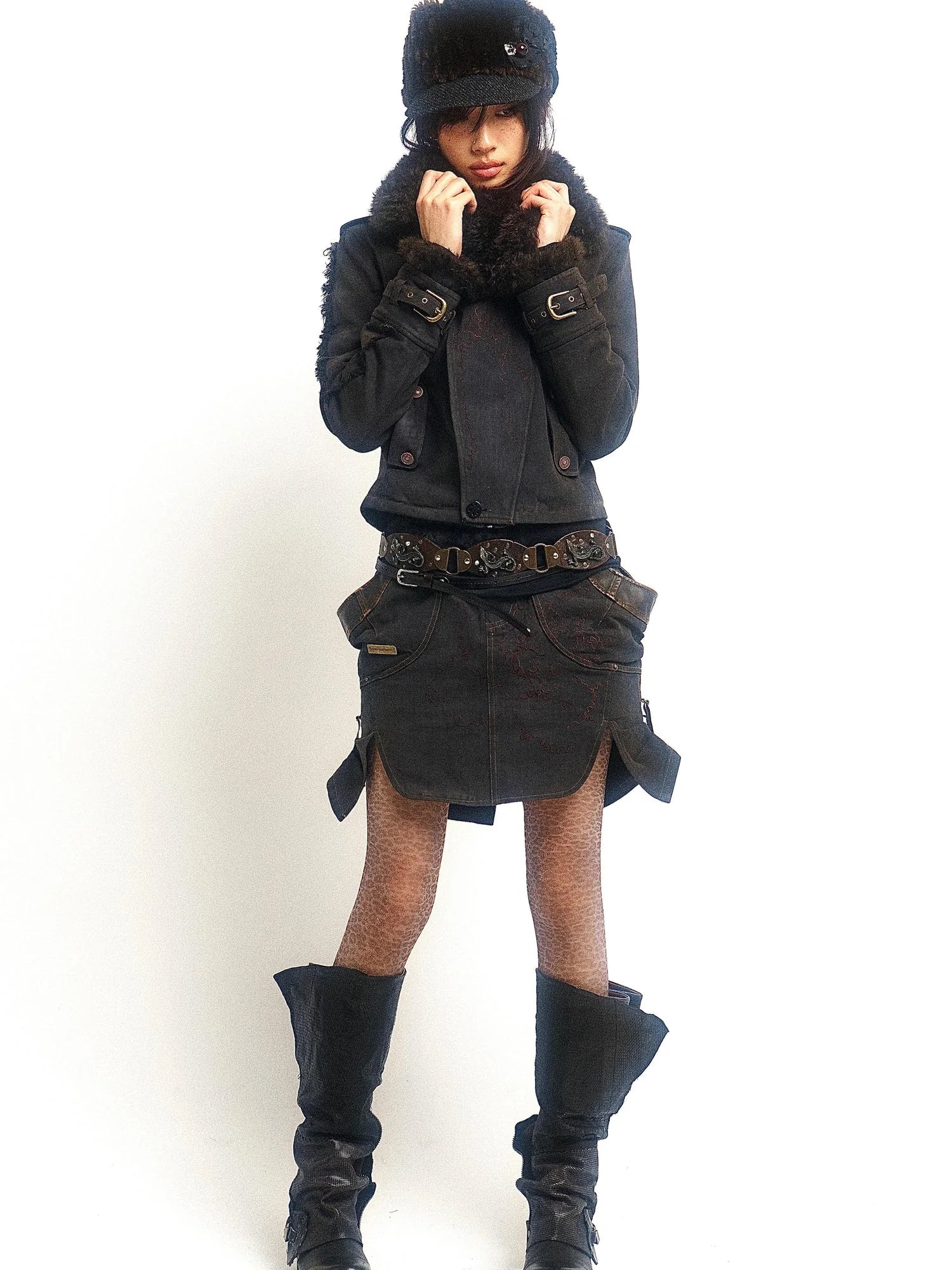 Vintage Washed Embroidered Jacket Skirt Set with Detachable Fur Collar