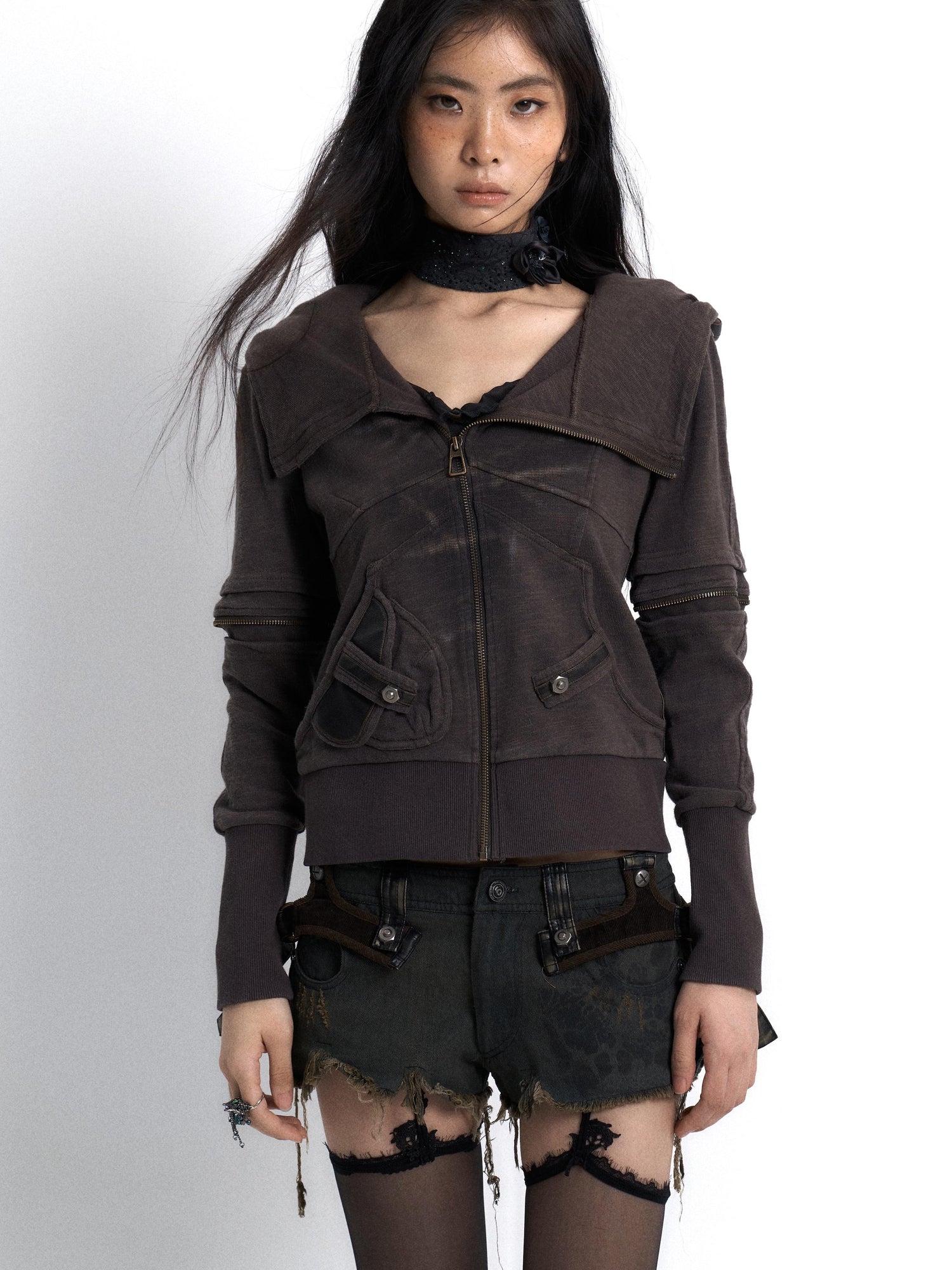 Update OPEN AESTHETIC Vintage Washed Hooded Print Sweatshirt Jacket