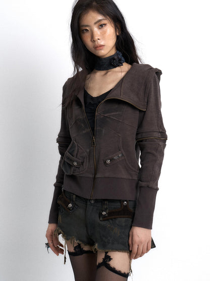 Update OPEN AESTHETIC Vintage Washed Hooded Print Sweatshirt Jacket