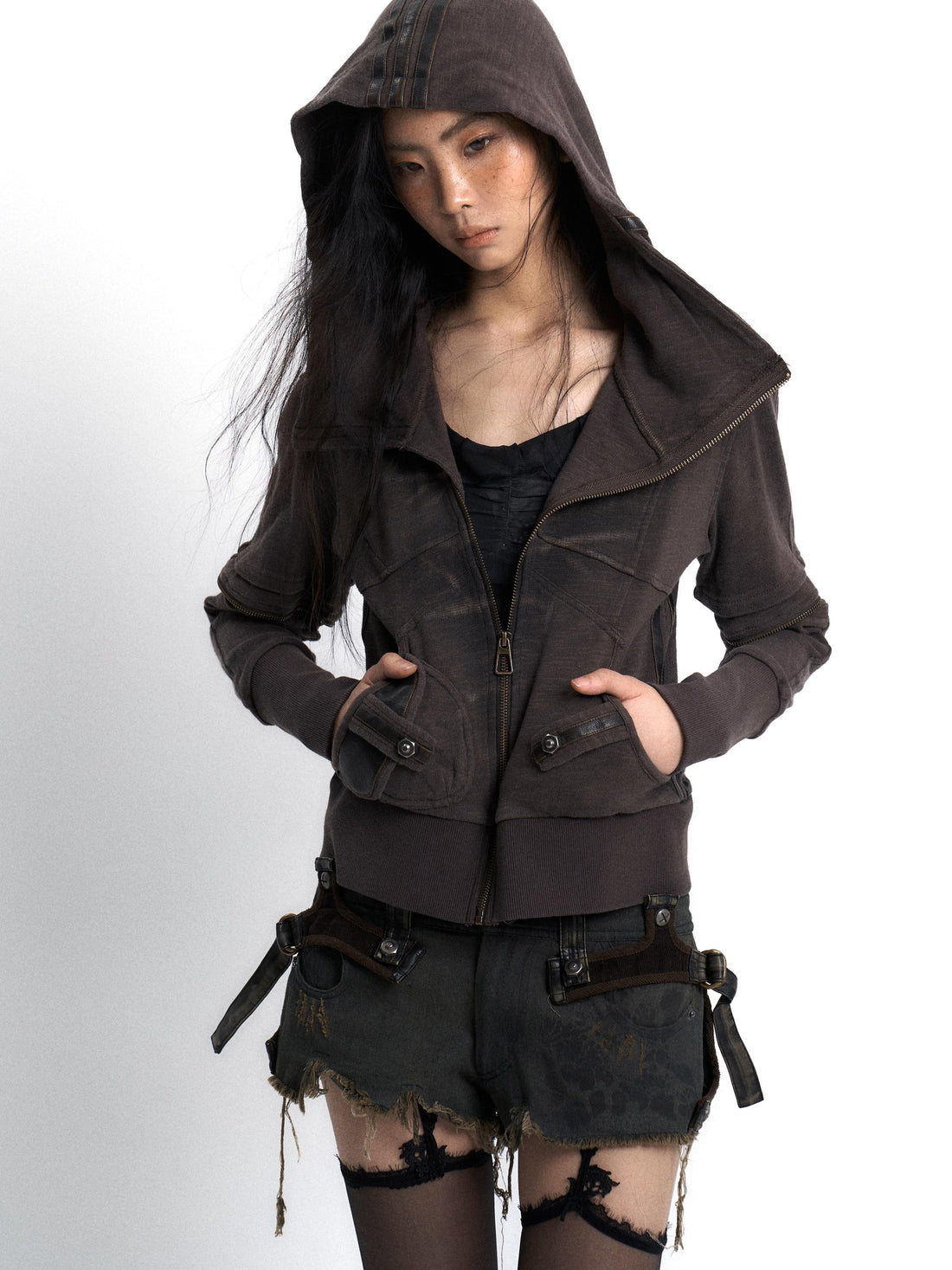 Update OPEN AESTHETIC Vintage Washed Hooded Print Sweatshirt Jacket